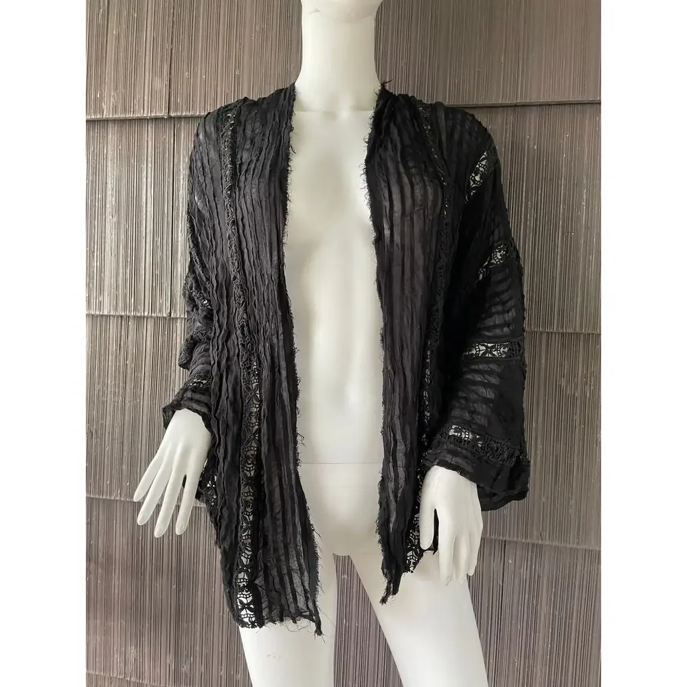 🔥Free People Willow Kimono Black With Lace Open Front XS/S Festival Boho Witchy